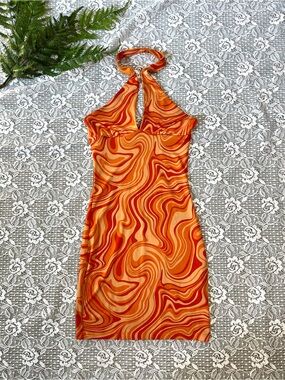 H&M Orange Vibrant Swirl Halter Mini Dress